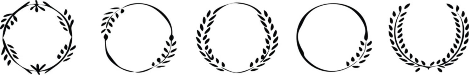 Obraz premium Set of black laurels wreath frames branches with circle borders. Hand drawn collection laurel leaves decorative elements. award, Leaves, invitation decoration, swirls, ornate. Vector icon illustratio