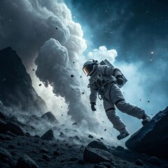 Astronaut Navigating a Rocky Exoplanet Landscape with Volcanic Activity and Starry Sky