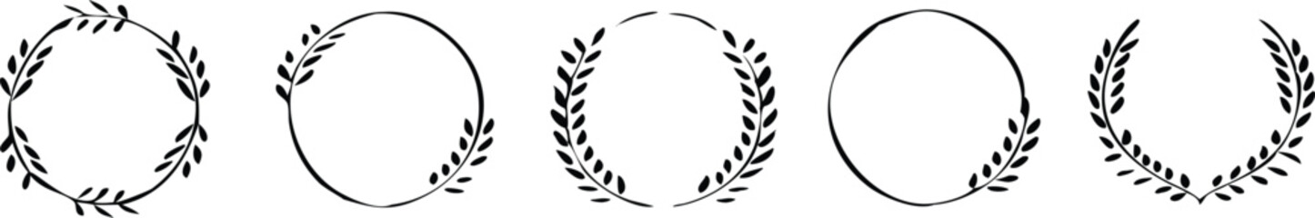 Set of black laurels wreath frames branches with circle borders. Hand drawn collection laurel leaves decorative elements. award, Leaves, invitation decoration, swirls, ornate. Vector icon illustratio