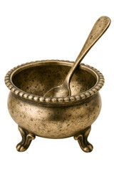 Vintage bronze bowl with a spoon perfect for decorative displays on a transparent background