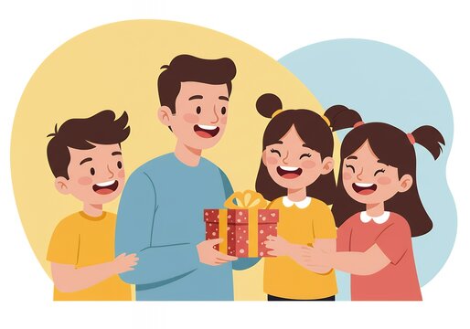 Family giving present to father figure