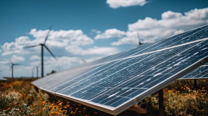 Solar Panels And Wind Turbines In A Field