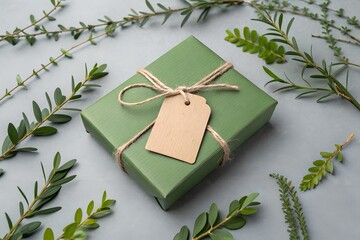 Gift box in green paper with kraft tag styled with foliage for modern eco friendly gift wrapping nature themed product branding or packaging mockup