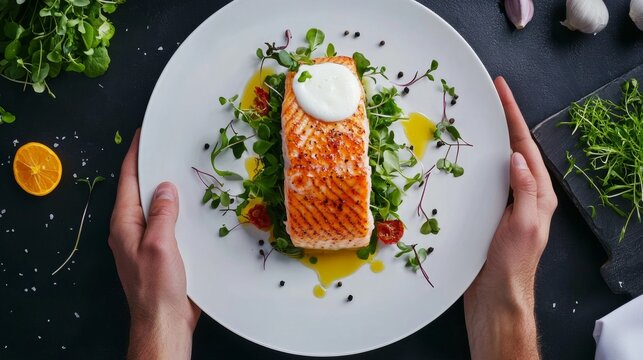 Top view elegant fine dining plating with seared fish, foam garnish, and microgreens