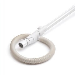 Close up shot of a white vacuum cleaner attachment with a corrugated hose on a white background