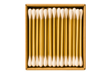 Box of cotton swabs featuring eco-friendly bamboo sticks on a transparent background