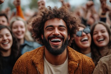 Happy young man laughing with friends in outdoor stadium crowd during sports celebration
