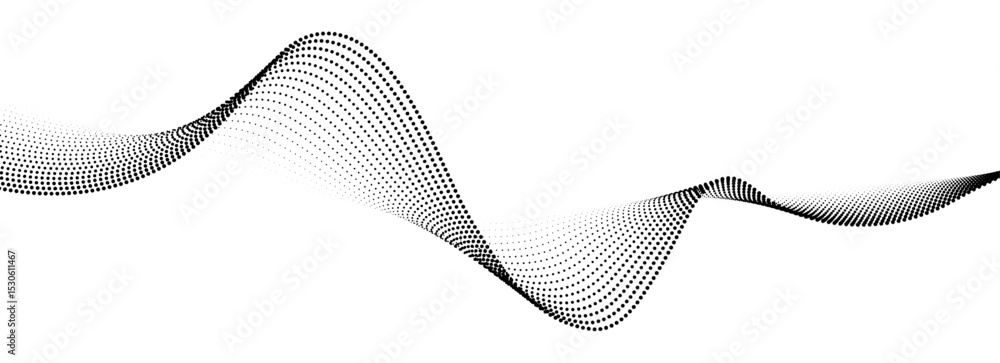 Poster Abstract flowing dots particles wave pattern. Halftone gradient curve shape isolated on transparent background. Modern vector banner in concept of AI, technology, science, music festival.