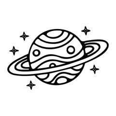 A simple line drawing of a planet with rings, surrounded by stars. The planet features wavy patterns and circular markings, representing a stylized celestial body.