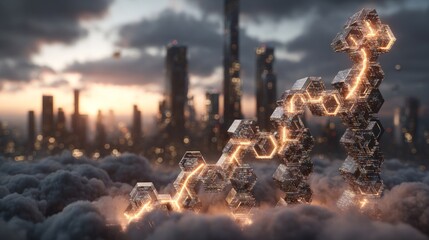 Futuristic Cityscape With Glowing Geometric Graph At Sunrise