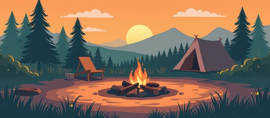 Campfire scene in nature with a tent, mountains, and a sunset backdrop.