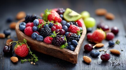 Assorted Berries And Fruits In Wooden Heart Shaped Bowl