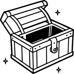 Open treasure chest illustration in black and white design perfect for adventure and exploration