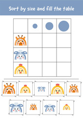 Learning activity page for kids. Printable worksheets for preschoolers and kindergarteners. Preschool kindergarten educational activity. Learning, early development game. Sorting game, big, small.