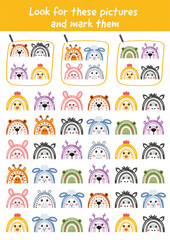 Educational game and activity for preschool, kindergarten. Printable Worksheets, logical games for kids. Early learning educational logical games for children, improve attention and concentration.