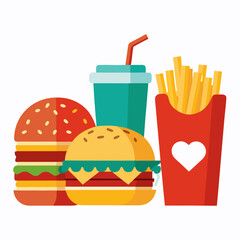Colorful Fast Food Set Illustration with Burger French Fries and Drink perfect for restaurant menus or food related designs