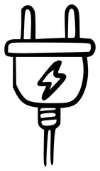 Hand-drawn sketch line brush power plug with lightning bolt.