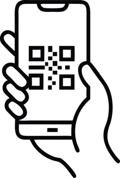 QR code scanning icon in smartphone. hand holding Mobile phone in line style, barcode scanner for pay, web, mobile app, promo. Vector illustration.