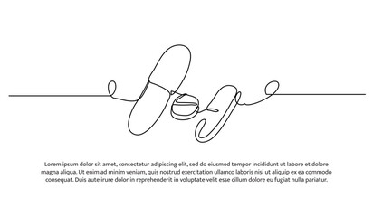 One line capsule pill. Abstract minimal continuous line.