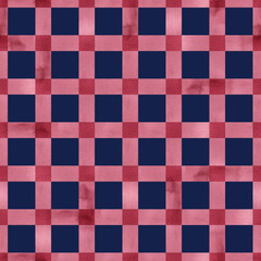Hand painted illustration watercolor red stripes on blue background. Checkered seamless pattern. Plaid material. For fabric, sketchbook, wallpaper, wrapping paper, bags, cards, banner, cotton