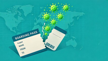 Torn boarding pass on dark surface with glowing green virus floating out, symbolizing cancelled flights, covid restrictions, and travel restrictions - Powered by Adobe