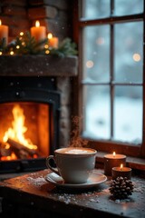 Cozy winter scene featuring a warm beverage beside a crackling fireplace, snow falling gently outside the window Perfect for winter holiday, hygge, and cozy home vibes , mug, hygge