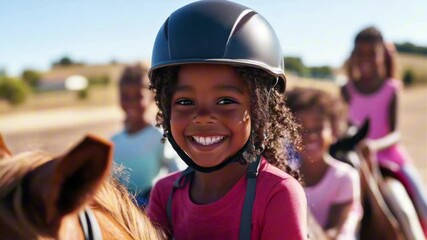 Young girl is smiling and riding a horse. The other children are also smiling and riding horses. The scene is happy and playful - Powered by Adobe