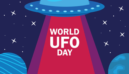 A colorful illustration celebrating World UFO Day. A flying saucer emits a beam of light in a starry night sky with planets in the background.
