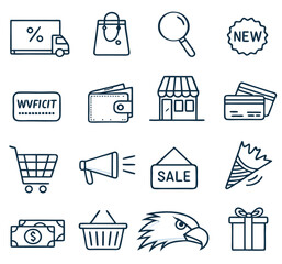 Set of shopping icons in line style. Сollection of web icons for online store, such as discounts, delivery, magnifying glass, payment, app store, coupon, shopping cart. Editable vector illustration
