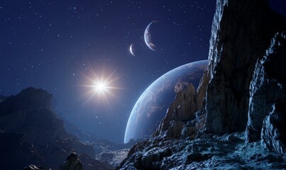 Pixelated Space Landscape With Glowing Sun And Distant Planet