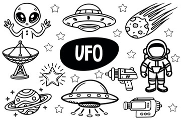A collection of doodles featuring UFOs, aliens, planets, and an astronaut. The design includes stars and a comet, emphasizing a space theme.