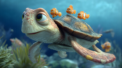 3D cartoon of a friendly sea turtle giving rides