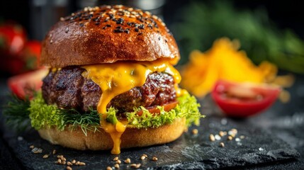 Close Up Gourmet Cheeseburger On Dark Stone Plate