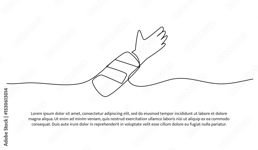 Poster one line hand is bandaged with plaster. abstract minimal continuous line.