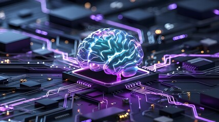 Neon Futuristic Brain on Circuit Board: A Vision of AI and Technology Integration