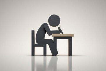 Fototapeta premium 3D black wooden silhouette icon of person sitting at desk and writing, with minimalist design and transparent background, symbolizing studying, education, office work, note-taking, or focused effort