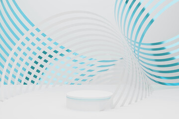 Elegant modern white abstract stage mockup - white round podium, blue metallic circular lines swirl pattern. 3D rendering. Futuristic scene for presentation product, showing cosmetic, displaying.