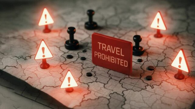 Folded political map covered with sharp red hazard markers and checkpoint symbols, representing strict travel restrictions, covid restrictions, and visa cancelled