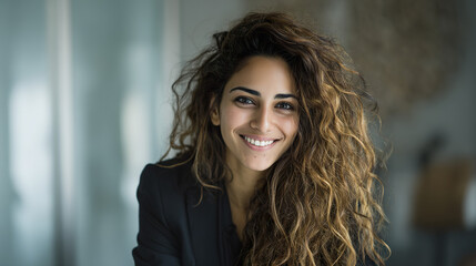 Confident Middle Eastern businesswoman smiling warmly, embodying professionalism and approachability.