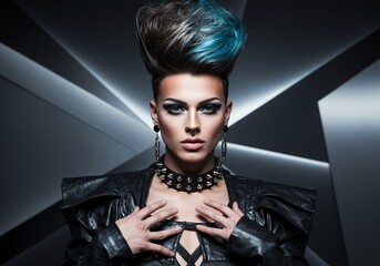 A bigender fashion model posing confidently in avant-garde clothing, bold makeup, and a high-fashion background. Studio lighting