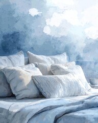 Cozy blue pillows on a serene bed setting.