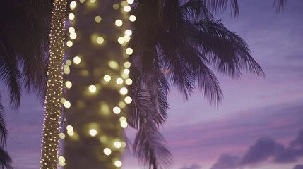 Palm tree trunk adorned with warm-toned string lights at twilight.