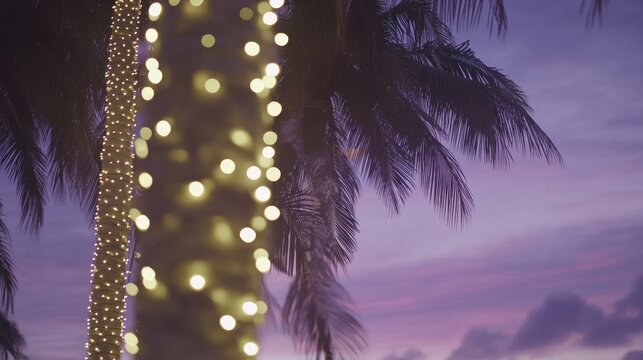 Palm tree trunk adorned with warm-toned string lights at twilight.