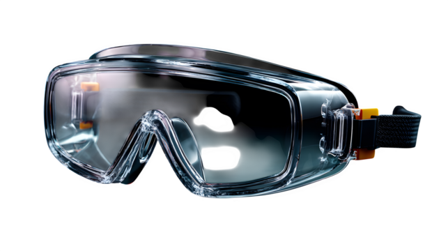 High quality, realistic photo of Clear wrap-around safety goggles anti-fog, isolated on transparent background, product photography style