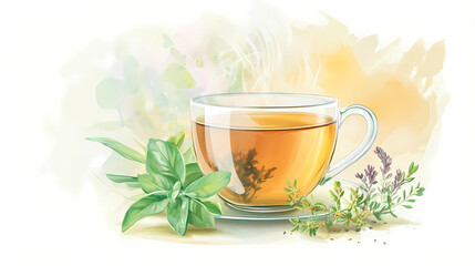 Premium herbal wellness tea ad steaming cup of tea