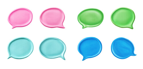 Pairs of clay bubble speech. Set of 3d sculpted elements on transparent background. Handmade modeling from bright matte plasticine. Pink, blue and green colors
