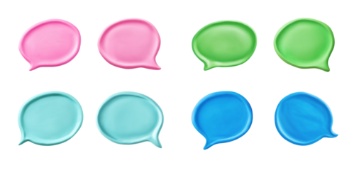 Pairs of clay bubble speech. Set of 3d sculpted elements on transparent background. Handmade modeling from bright matte plasticine. Pink, blue and green colors