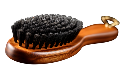 High quality, realistic photo of Wooden hairbrush with boar bristles and curved handle, isolated on transparent background, product photography style