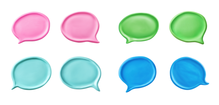 Pairs of clay bubble speech. Set of 3d sculpted elements on transparent background. Handmade modeling from bright matte plasticine. Pink, blue and green colors