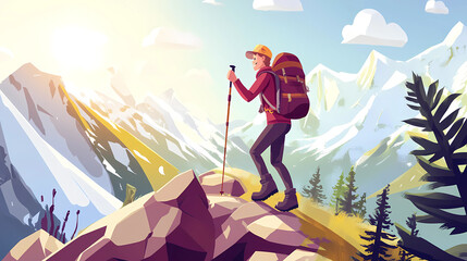 Adventure travel agency marketing character hiking